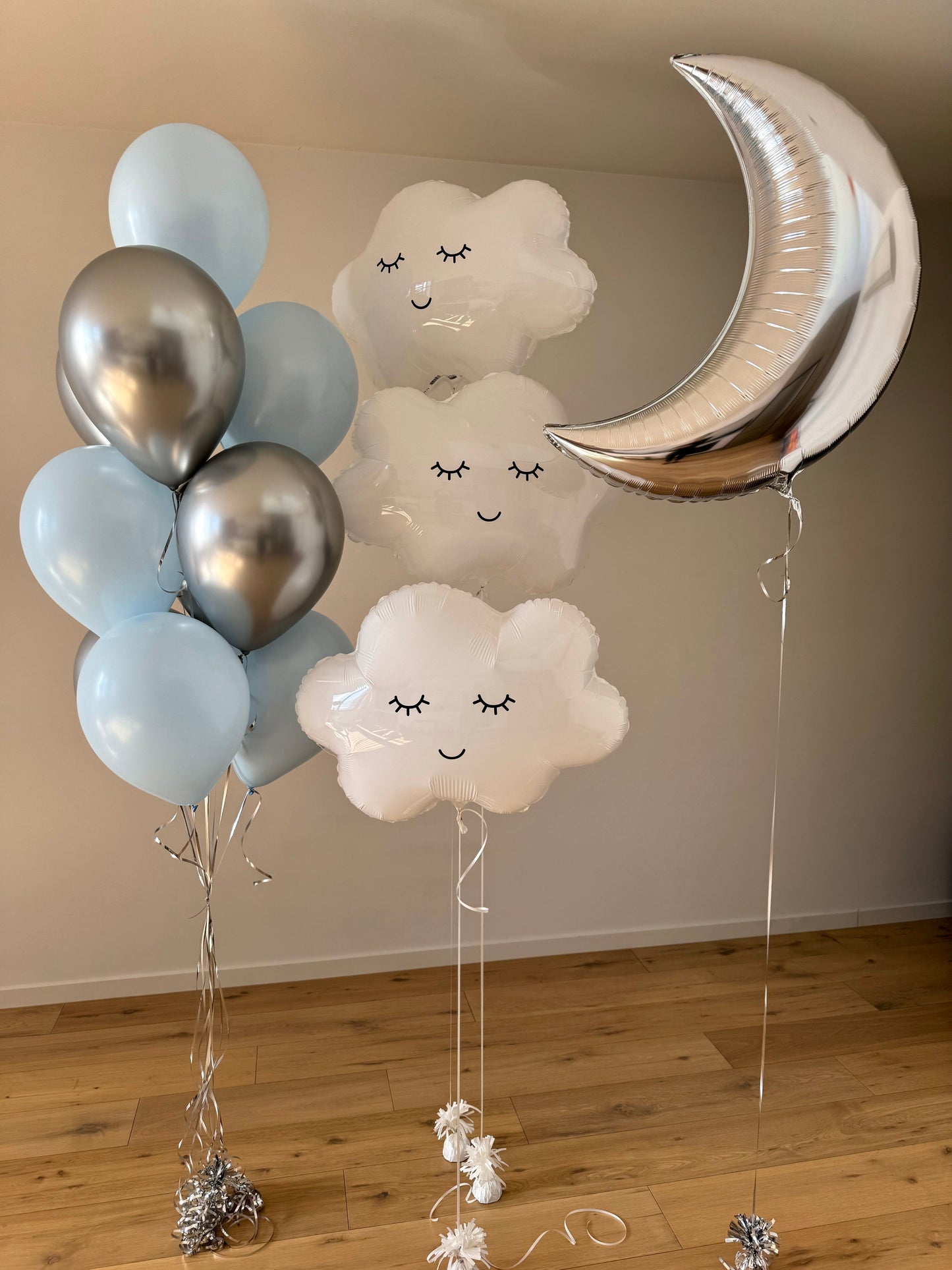 Sleepy Clouds and Moon Balloon Bouquet - baby blue