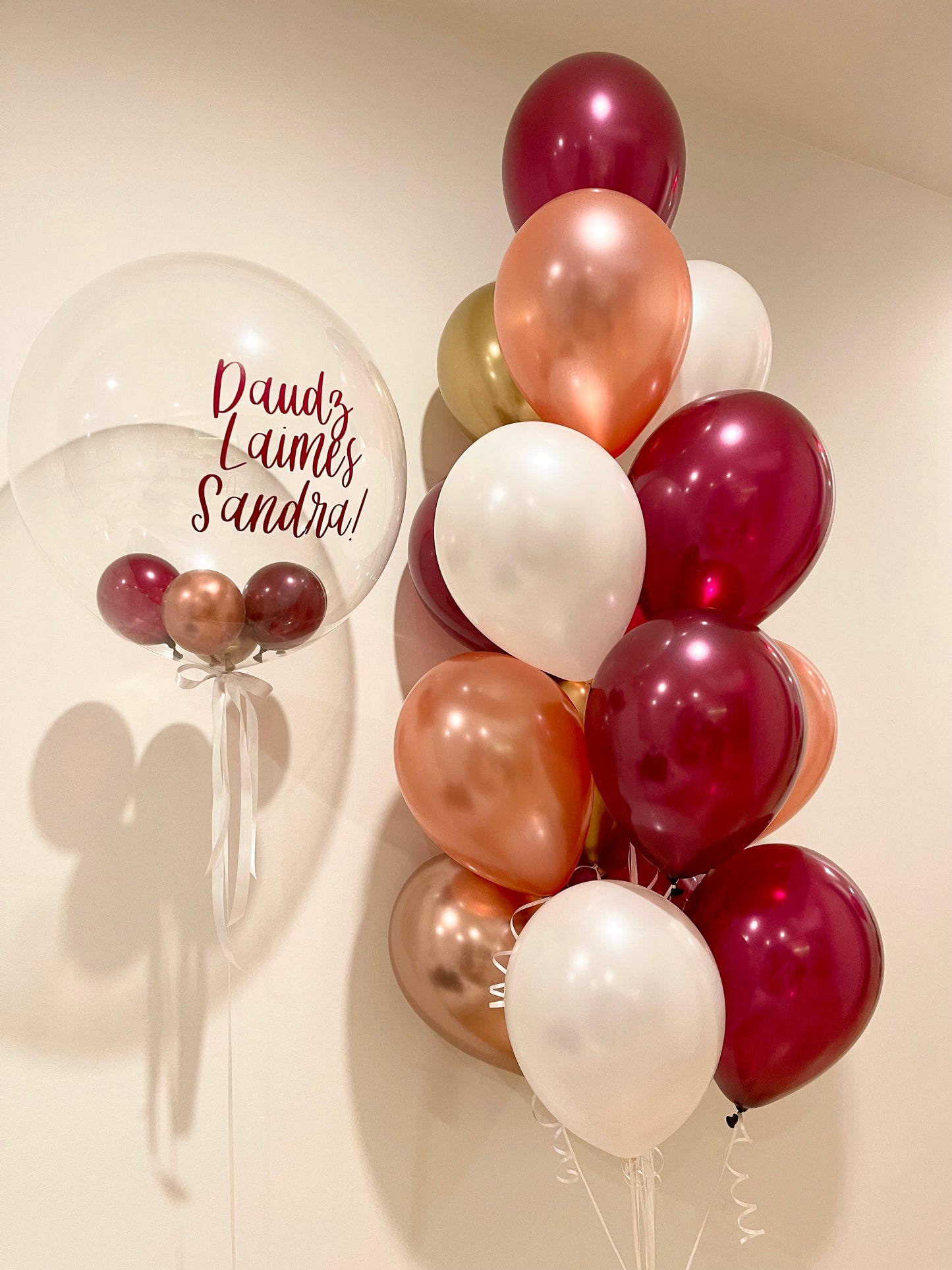 Personalised Balloon with Bouquet - Burgundy, Peach, White, Gold