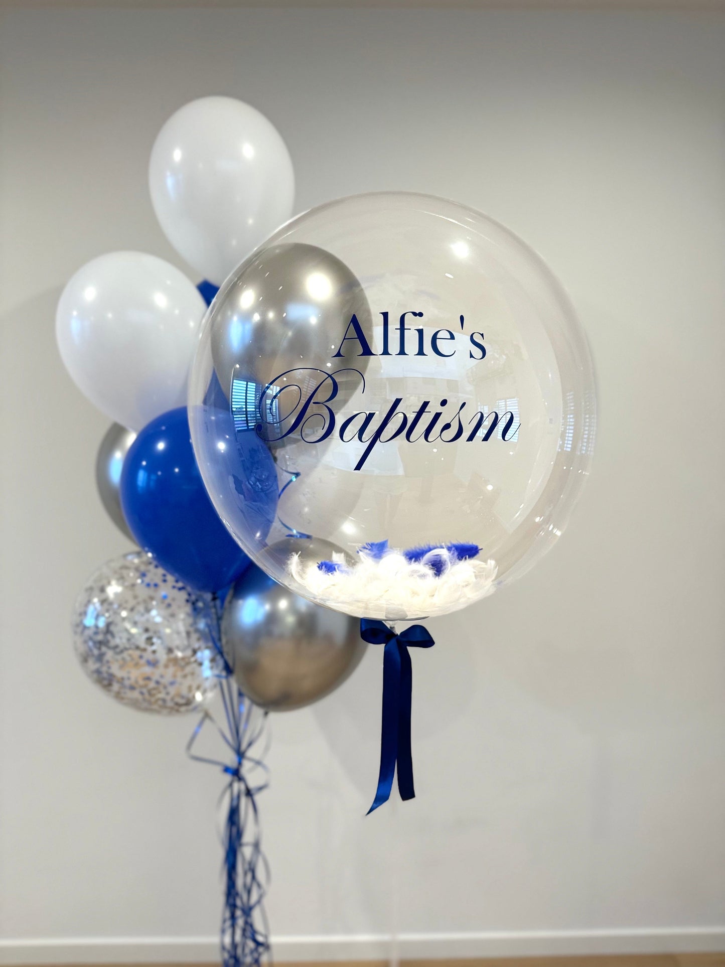 Baptism Balloon Bouquet - royal blue, silver, white