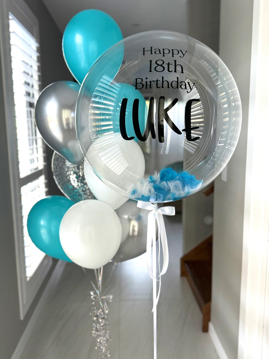 Personalised Bubble with 1 Balloon Bouquet - turquiose blue, silver, white