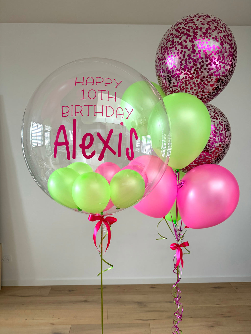 Personalised Balloon with Bouquet - NEON Pink and Green