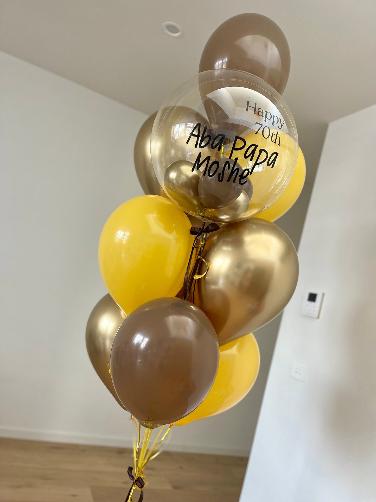 Personalised Balloon Bouquet with Feathers- Brown and Gold (Hawthorn Colours)