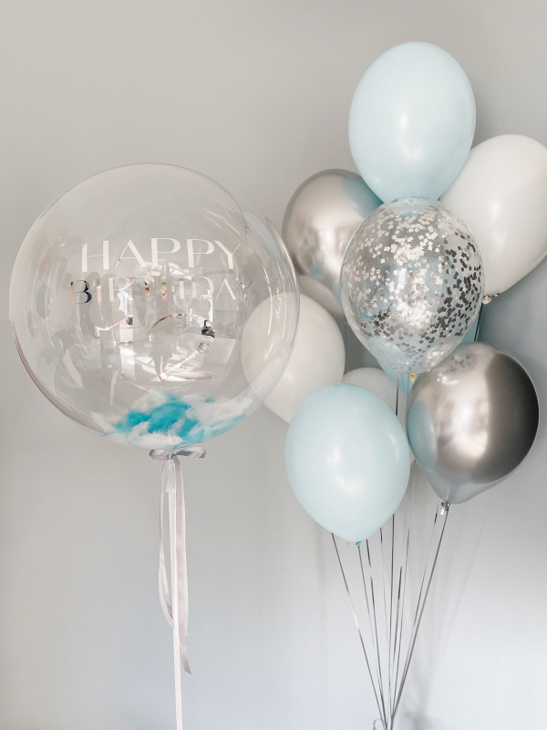 Personalised Bubble with 1 Balloon Bouquet - light blue, silver, white