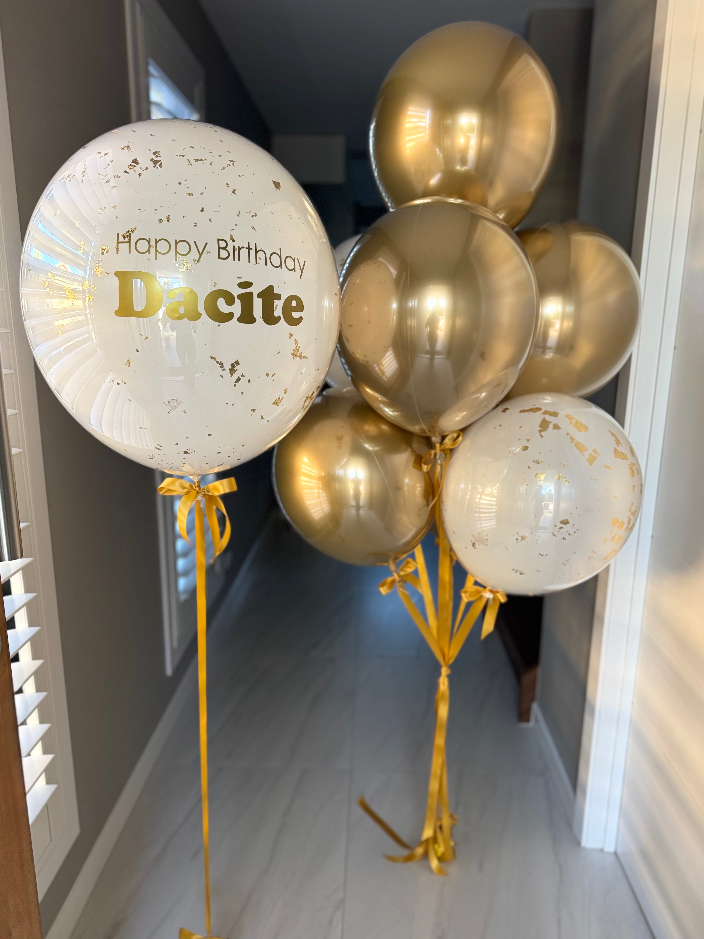 Giant Gold and White Balloons - 6 balloons & Personalised balloon