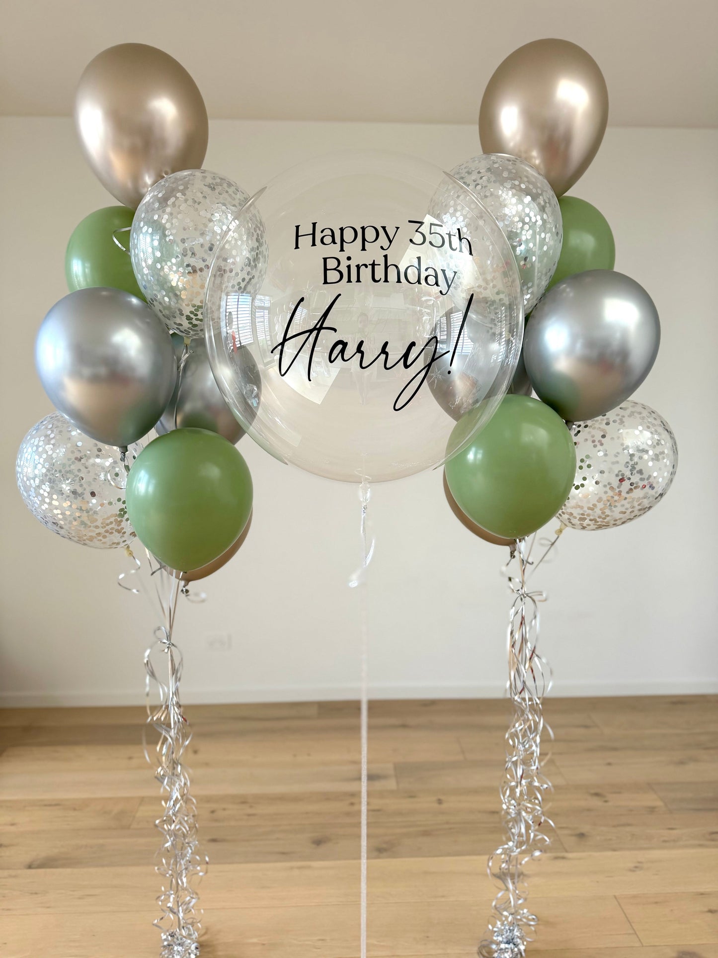 Luxury green, silver and champagne Balloon Bouquet