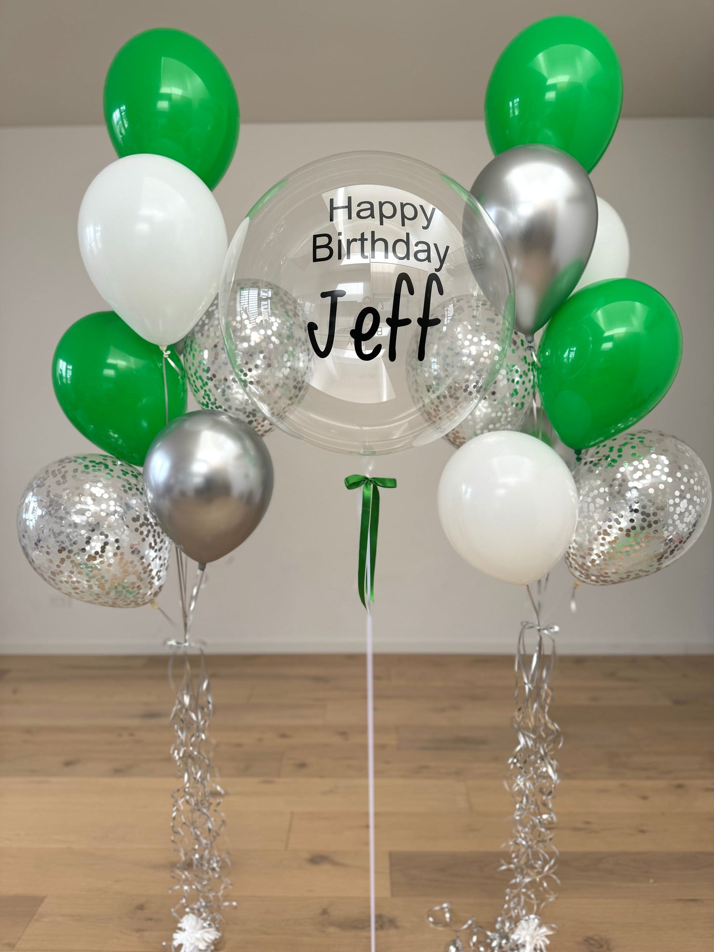 Luxury green, silver and white Balloon Bouquet