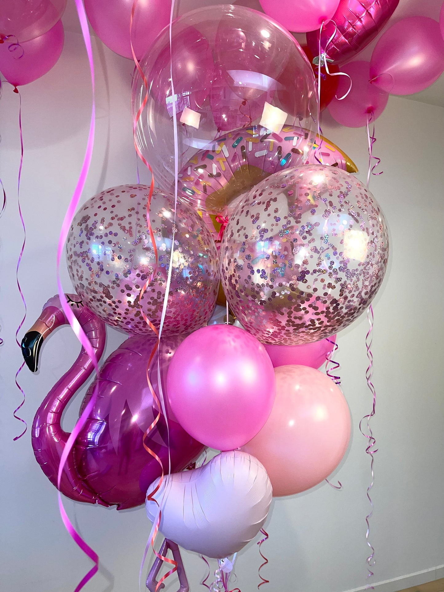 Large Pink Flamingo Balloon Bouquet with Ceiling Balloons