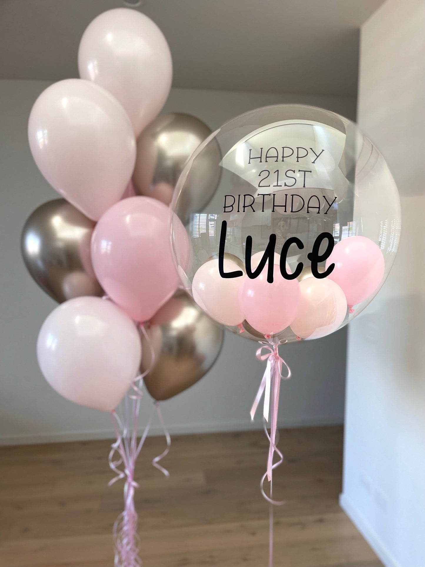 Personalised Balloon with 1 Balloon Bouquet - Pink and Champagne