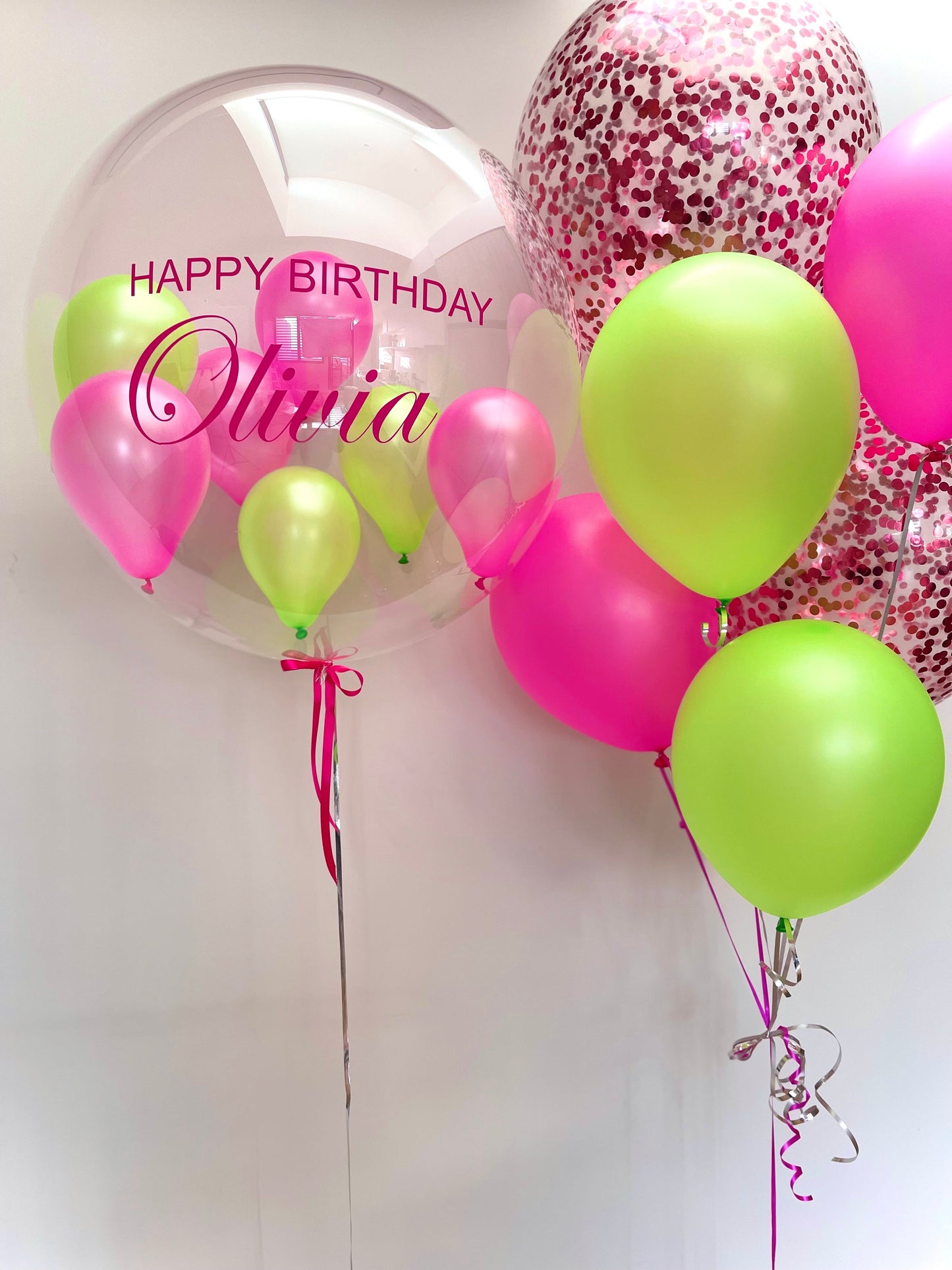 Personalised Balloon with Bouquet - NEON Pink and Green