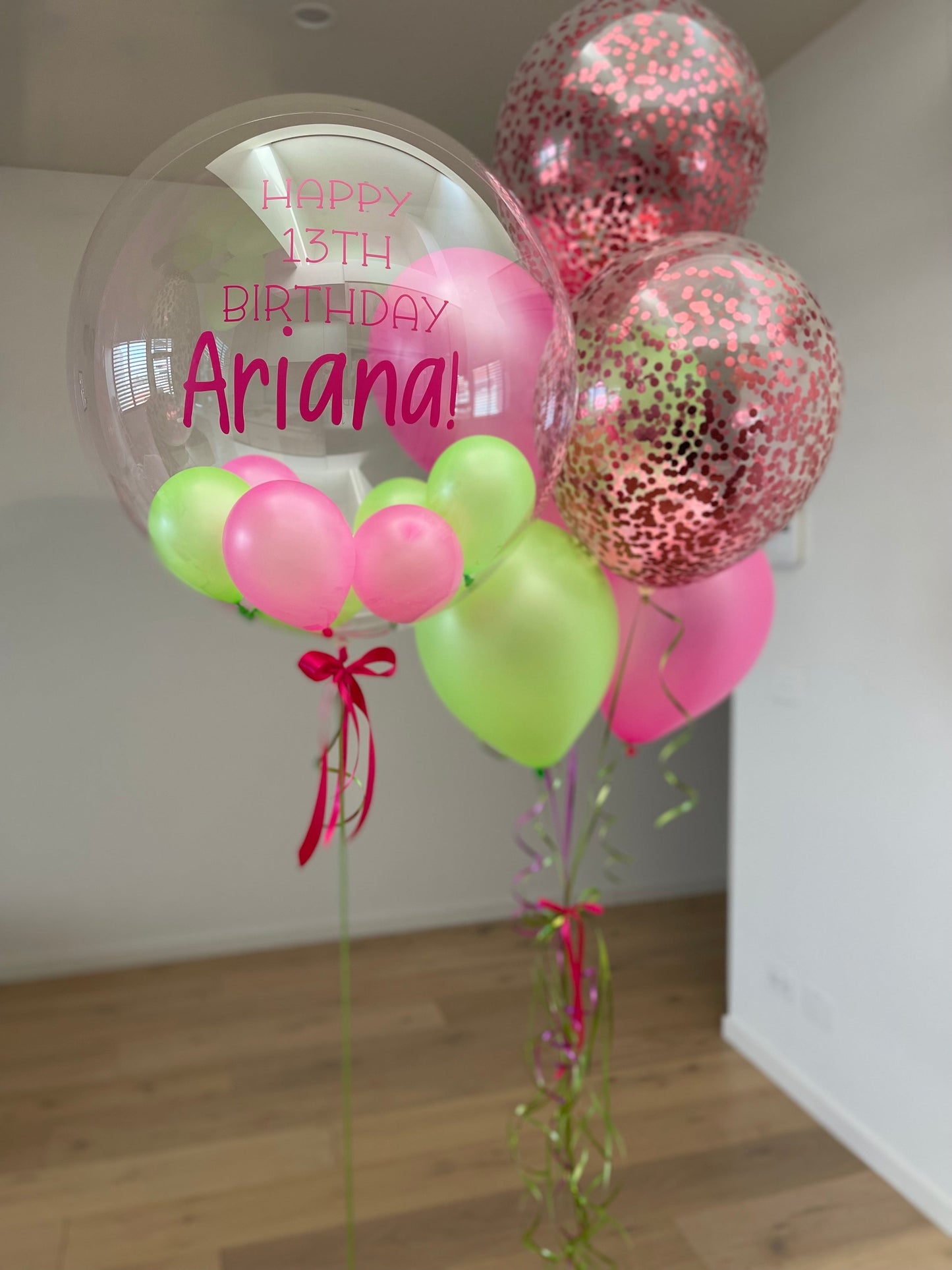 Personalised Balloon with Bouquet - NEON Pink and Green