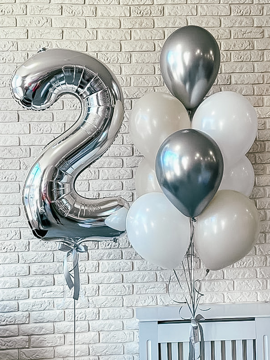 Silver and white Balloon Bouquet with Number