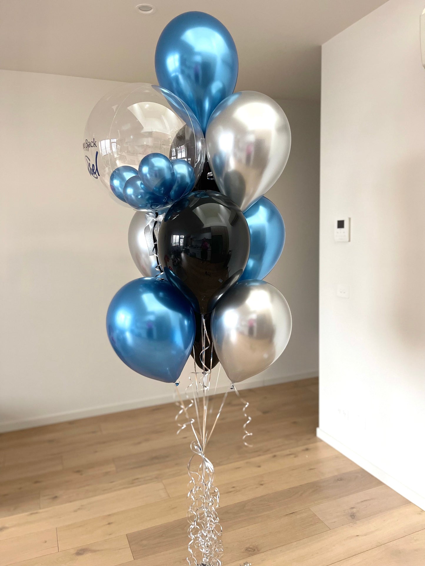 Personalised Balloon Bouquet with mini balloons - Blue, Silver and Black