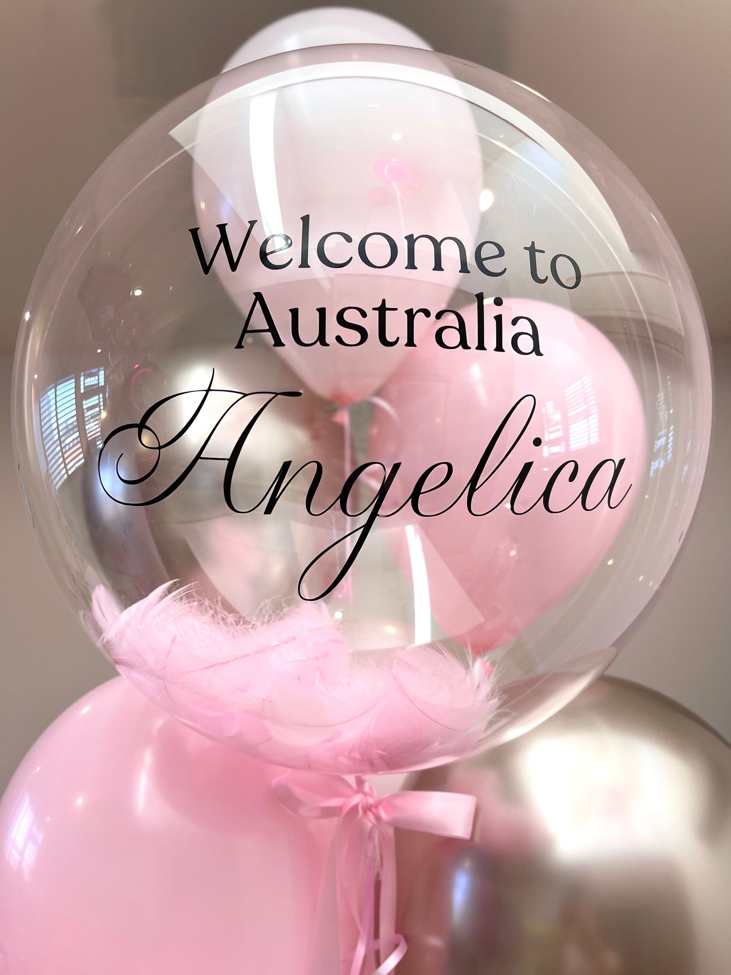 Personalised Balloon Bouquet with feathers - Pink and Champagne