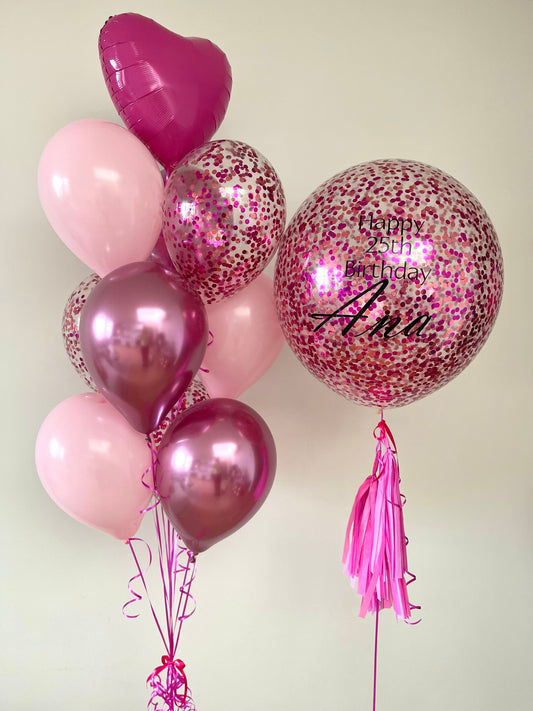 Personalised Confetti Balloon with Bouquet - Pink