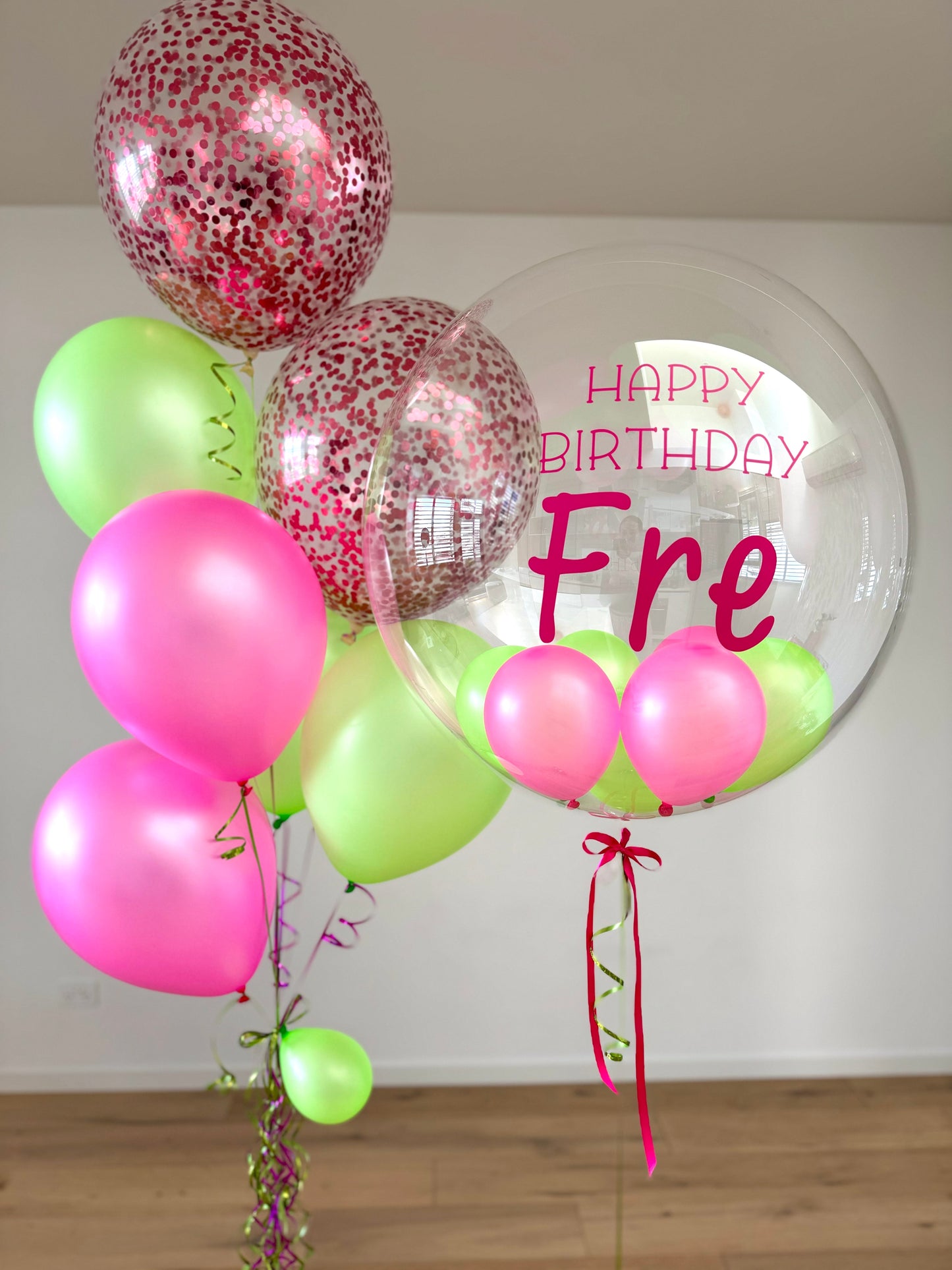 Personalised Balloon with Bouquet - NEON Pink and Green