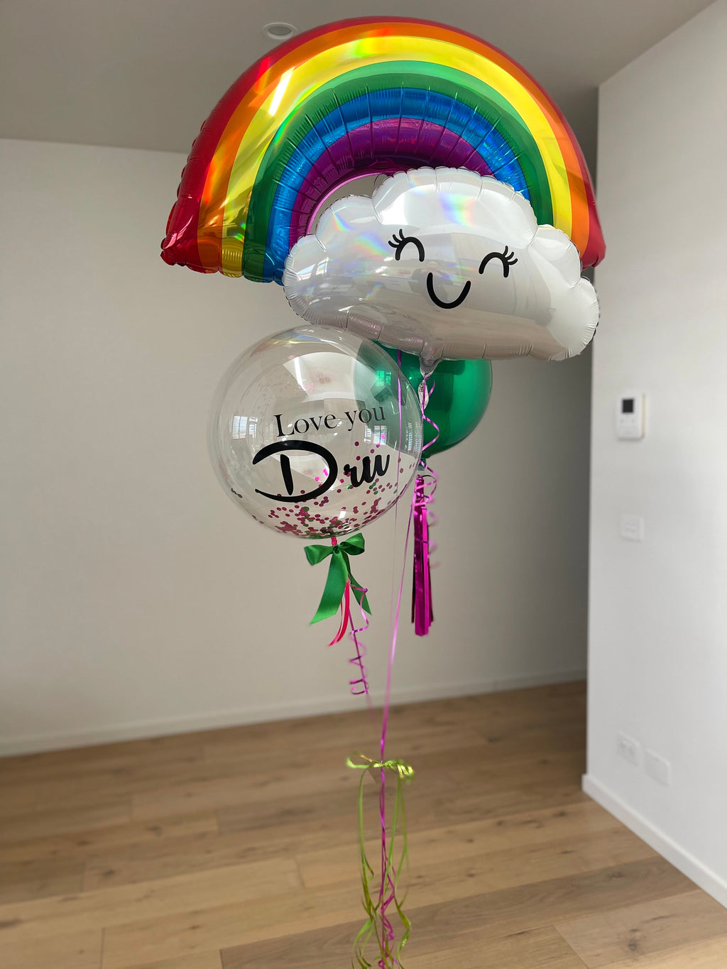Personalised Rainbow and Happy Cloud Balloon Bouquet