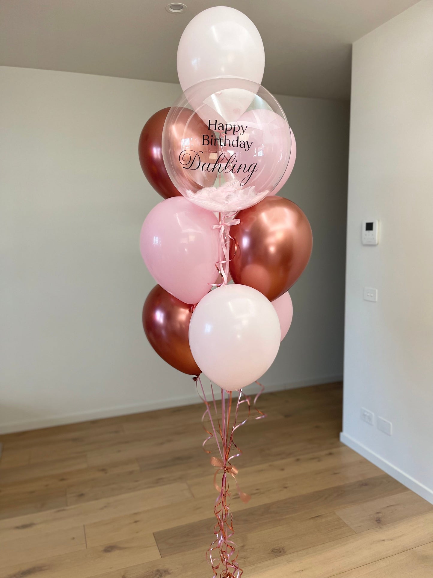 Personalised Balloon Bouquet with Feathers- Rose Gold, Pink