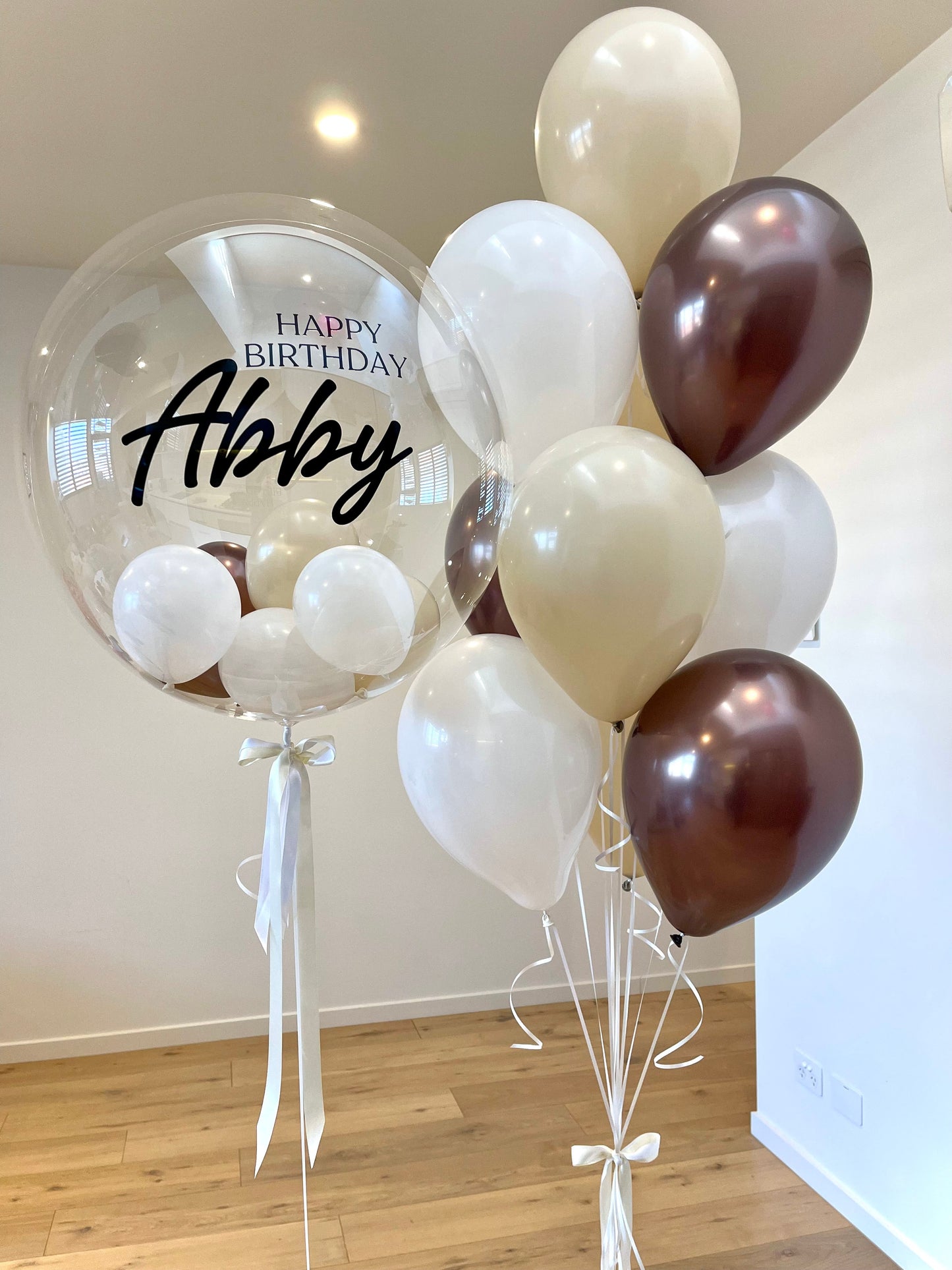 Personalised Balloon with Bouquet- Truffle brown, Beige, White