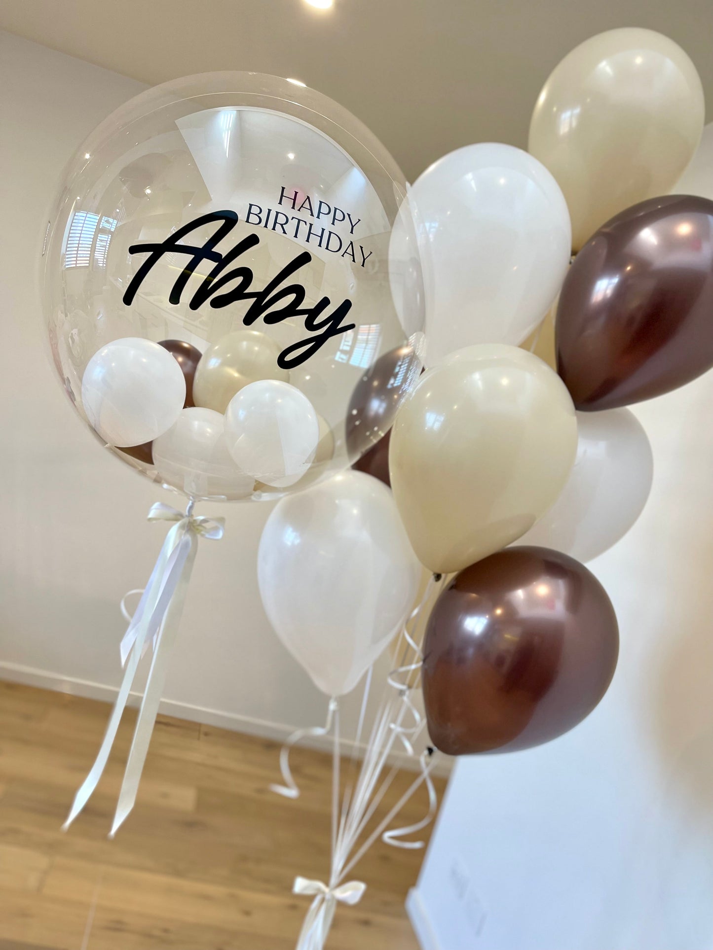 Personalised Balloon with Bouquet- Truffle brown, Beige, White