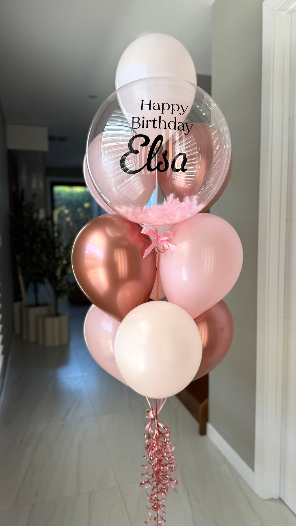 Personalised Balloon Bouquet with Feathers- Rose Gold, Pink