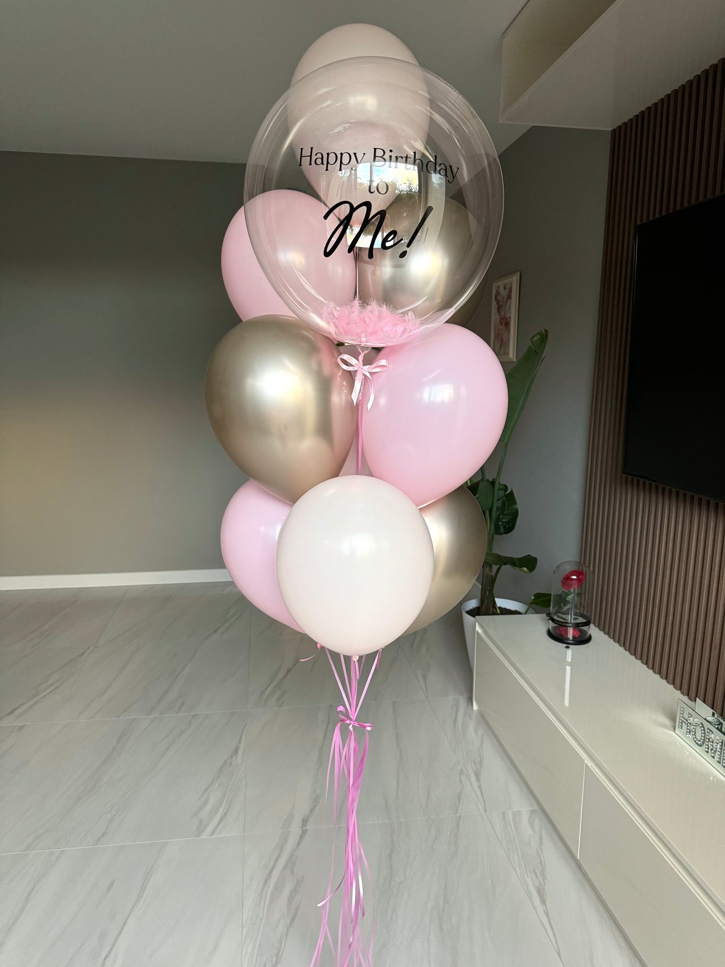 Personalised Balloon Bouquet with feathers - Pink and Champagne