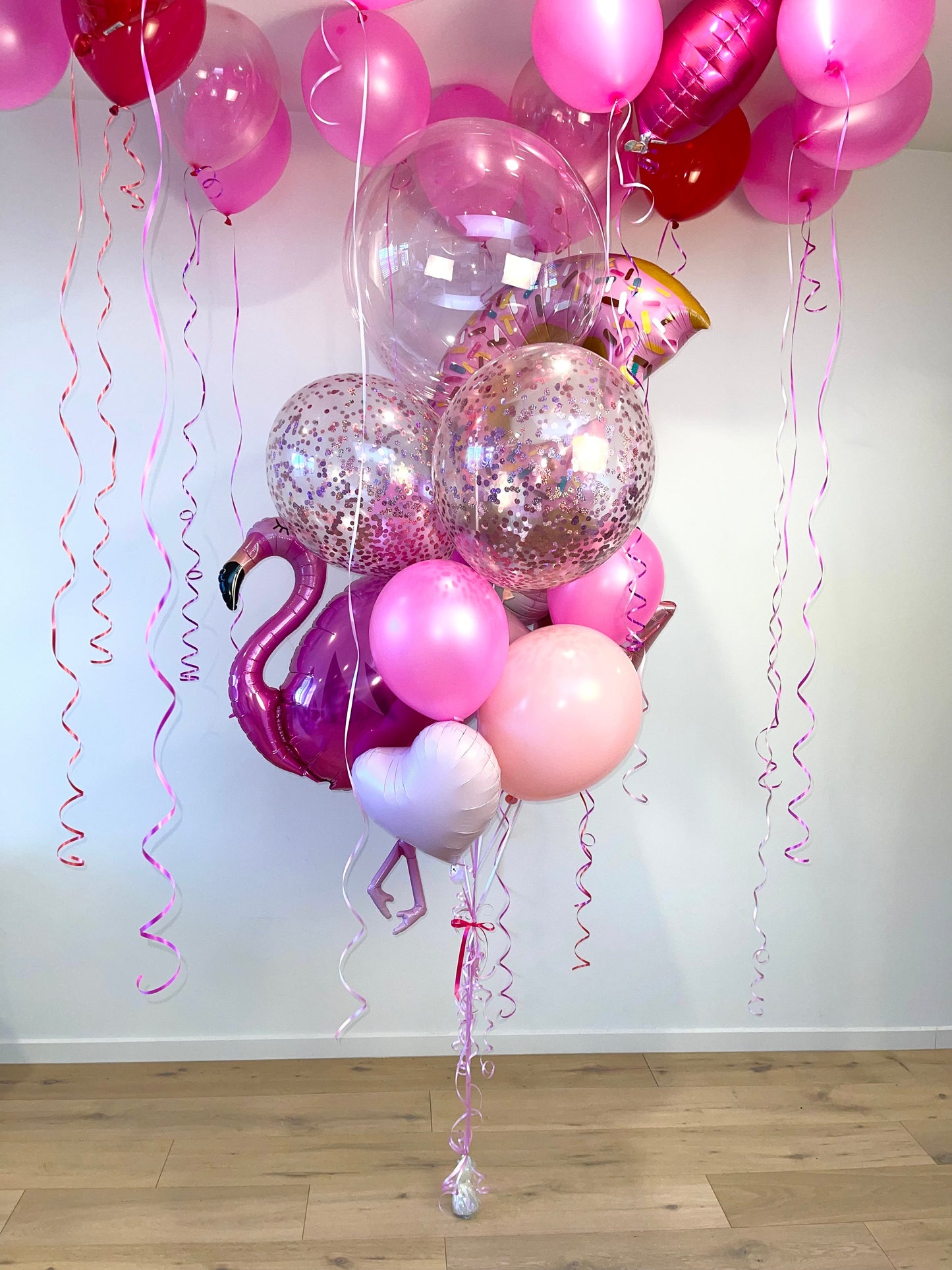 Large Pink Flamingo Balloon Bouquet with Ceiling Balloons