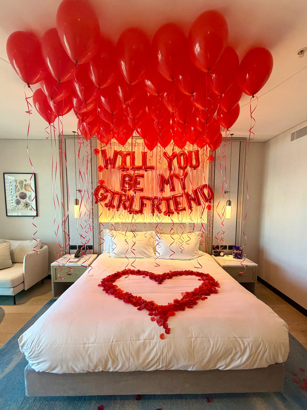 "Will You be my Girlfriend" Hotel Room Setup