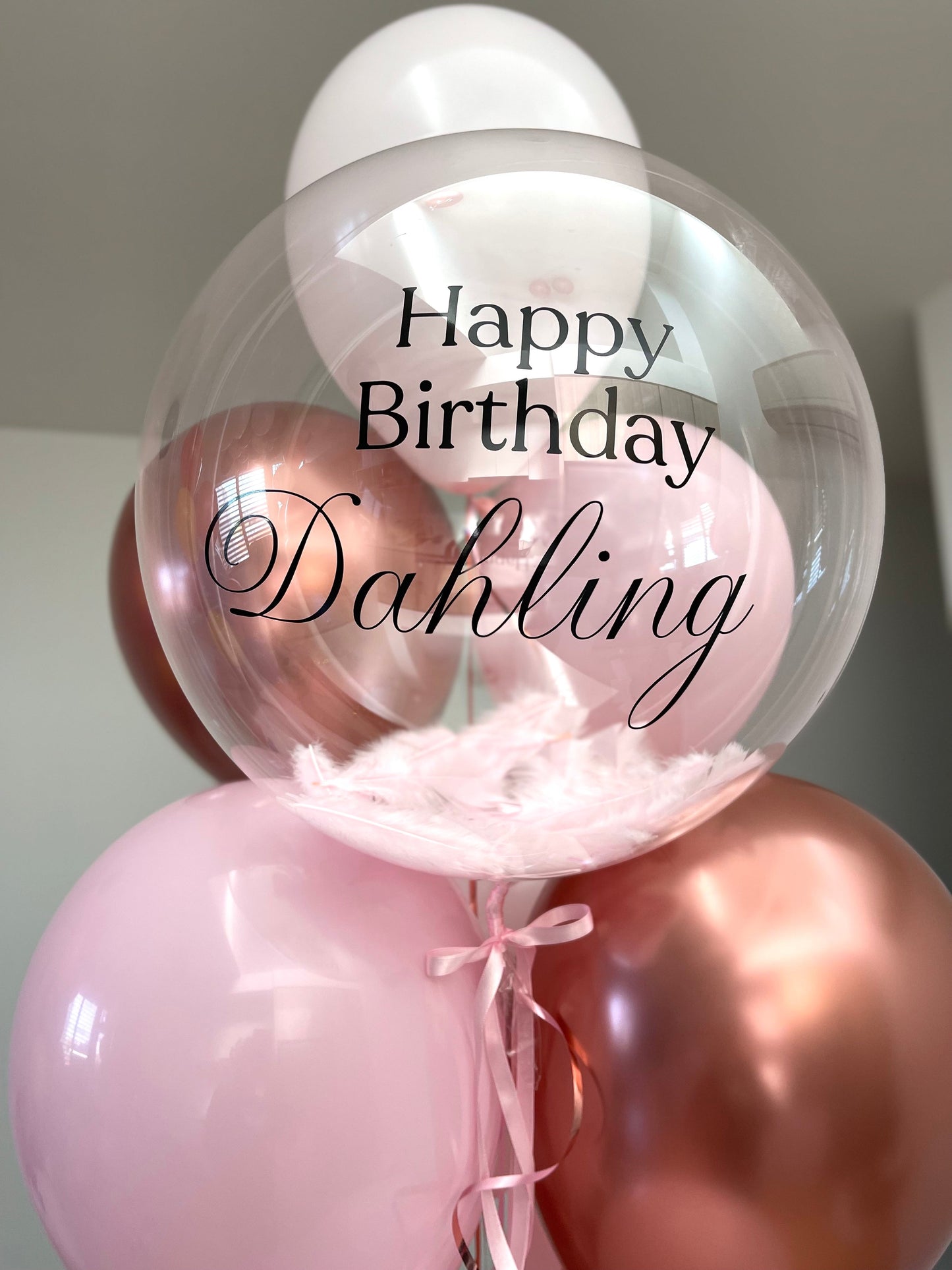 Personalised Balloon Bouquet with Feathers- Rose Gold, Pink