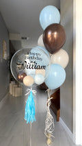 Small Personalised table decor- Blue and brown with mini balloons