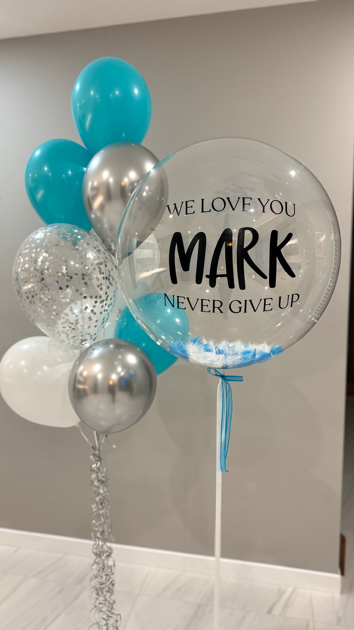 Personalised Bubble with 1 Balloon Bouquet - turquiose blue, silver, white